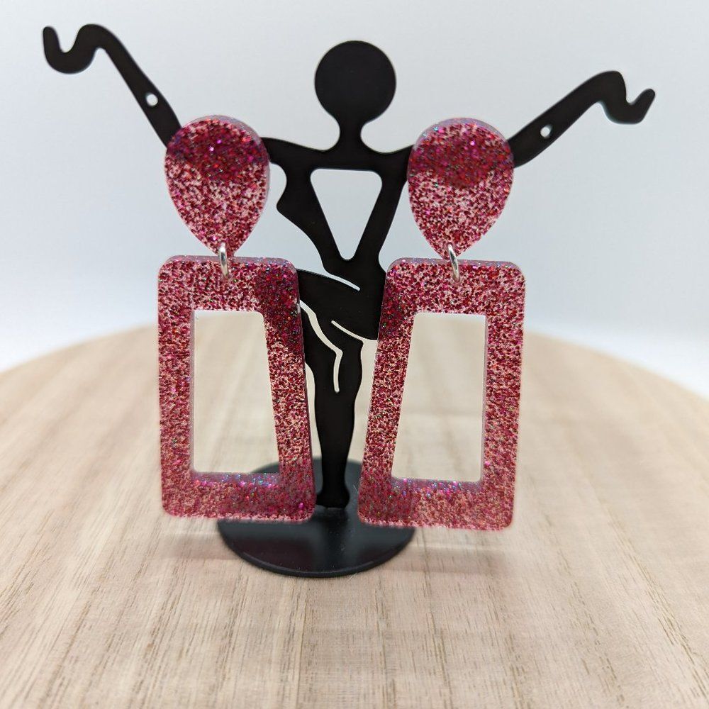 Earrings Rectangle Red & Pink Glitter